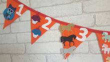 Load image into Gallery viewer, orange cotton bunting flags with white numbers and corresponding number of pictures on each flag.