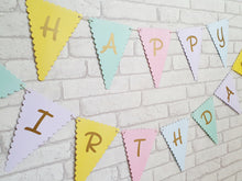 Load image into Gallery viewer, bright card bunting flags with scalloped edges. Gold Happy birthday text.