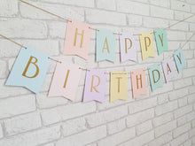 Load image into Gallery viewer, pastel card bunting flags with gold Happy Birthday text.