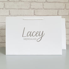 Load image into Gallery viewer, Luxury personalised white gift bag in small, medium and large sizes. Personalised with any name in gold, silver or rose gold.