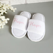 Load image into Gallery viewer, Children's white, open toe towelling slippers with a name across the middle