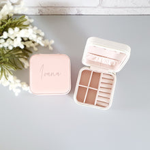 Load image into Gallery viewer, Mini light pink, square jewellery box personalised with a first name in the center in gold text.