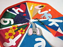 Load image into Gallery viewer, Rainbow colour bunting flags in cotton with white felt letters and pictures corresponding to the letter.
