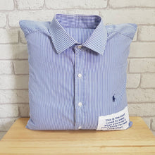 Load image into Gallery viewer, 16" square cushion made from your shirt. Collar included on the cushion. and a patch with a sentimental saying printed on.