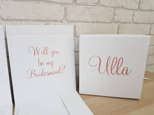 Load image into Gallery viewer, 12 by 12 inch gift box in white with text on the front and inside the lid in the colour of your choice.