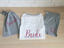 Load image into Gallery viewer, Cotton pyjama set consisting of a white vest and short grey shorts in a matching grey bag. Test on the front of vest and bag and initials on the shorts.