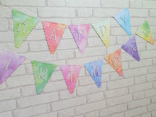 Load image into Gallery viewer, Pastel watercolour scalloped edge card bunting flags with silver glitter Happy Birthday text.