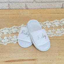 Load image into Gallery viewer, kids white cotton/polyester mix open toe slippers with rubber sole. Personalised with a name across the front.