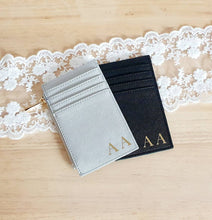 Load image into Gallery viewer, saffiano fabric credit card holder with initials in the corner in gold text.