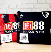 Load image into Gallery viewer, memory cushion made using your football shirt. A memory patch with a quote of your choice in the bottom right corner.