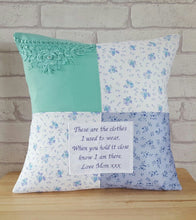 Load image into Gallery viewer, patchwork keepsake cushion made using your own special clothing, finished with a memory patch.