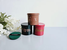 Load image into Gallery viewer, tear drop shaped make-up sponges in coffee, strawberry and forest green, Housed in a small plastic personalised tub of a matching colour.
