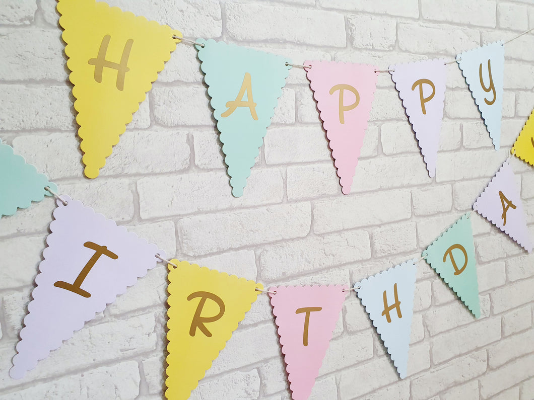 bright card bunting flags with scalloped edges. Gold Happy birthday text. 