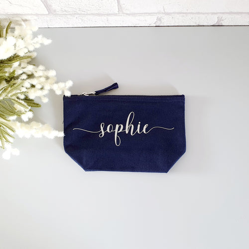 Navy blue gusset make-up bag personalised with a name of your choice. 