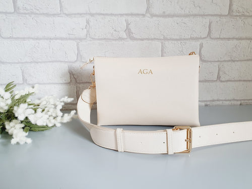 rectangular cross-body bag with gold monogram print