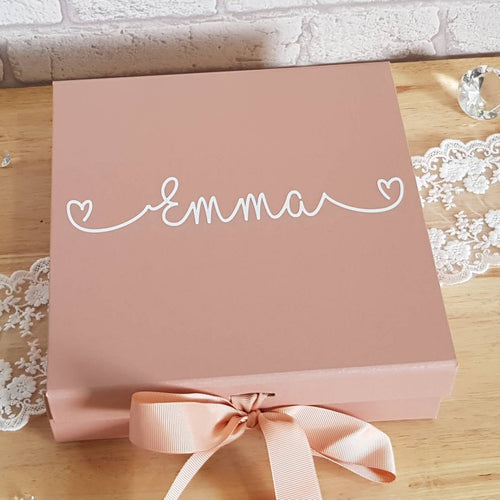 rose gold square gift box personalised with a name in white. 