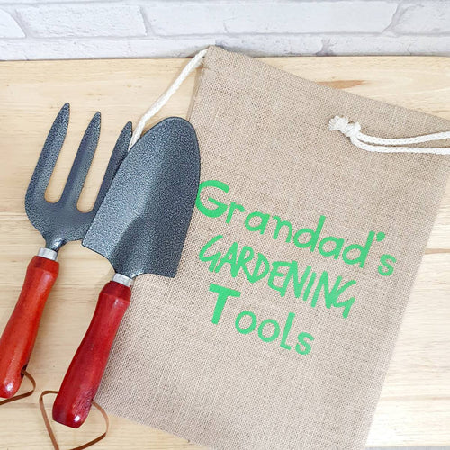 gardening fork and trowel with a personalised hessian carry bag. Grandad or Nanny